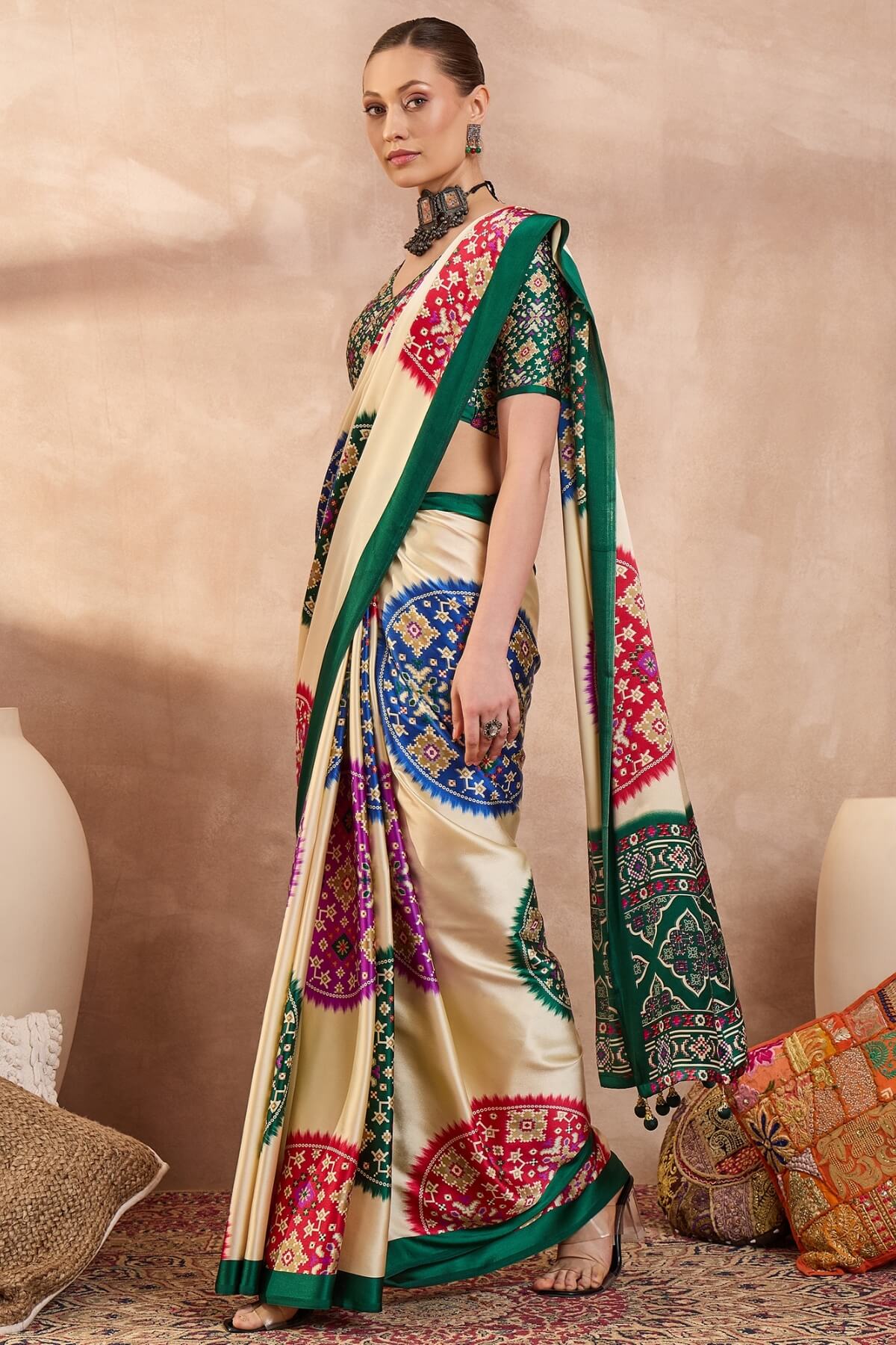 Glorious Beige Ajrakh Printed Semi Modal Silk Saree With Cynosure Blouse Piece