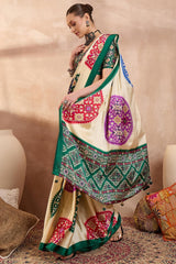 Glorious Beige Ajrakh Printed Semi Modal Silk Saree With Cynosure Blouse Piece