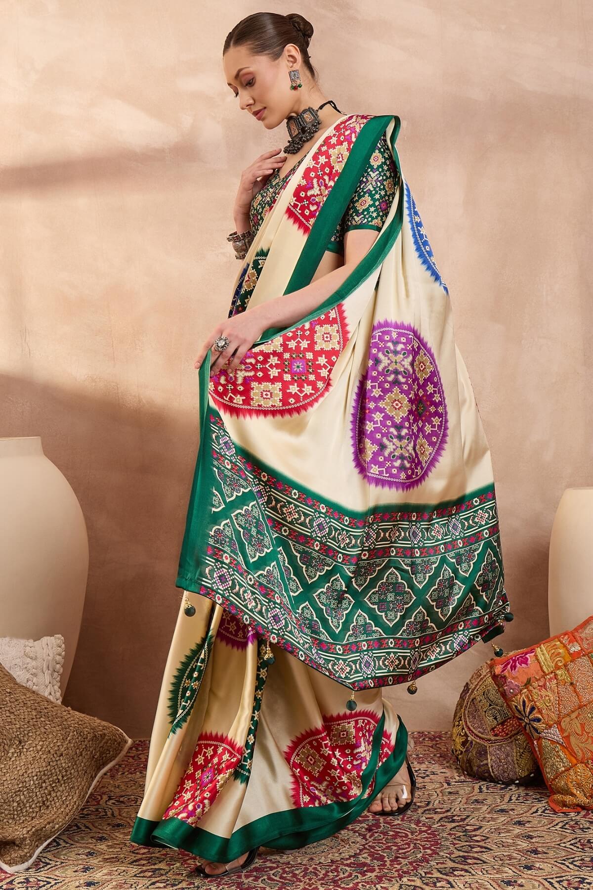 Glorious Beige Ajrakh Printed Semi Modal Silk Saree With Cynosure Blouse Piece