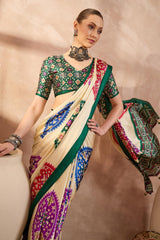 Glorious Beige Ajrakh Printed Semi Modal Silk Saree With Cynosure Blouse Piece
