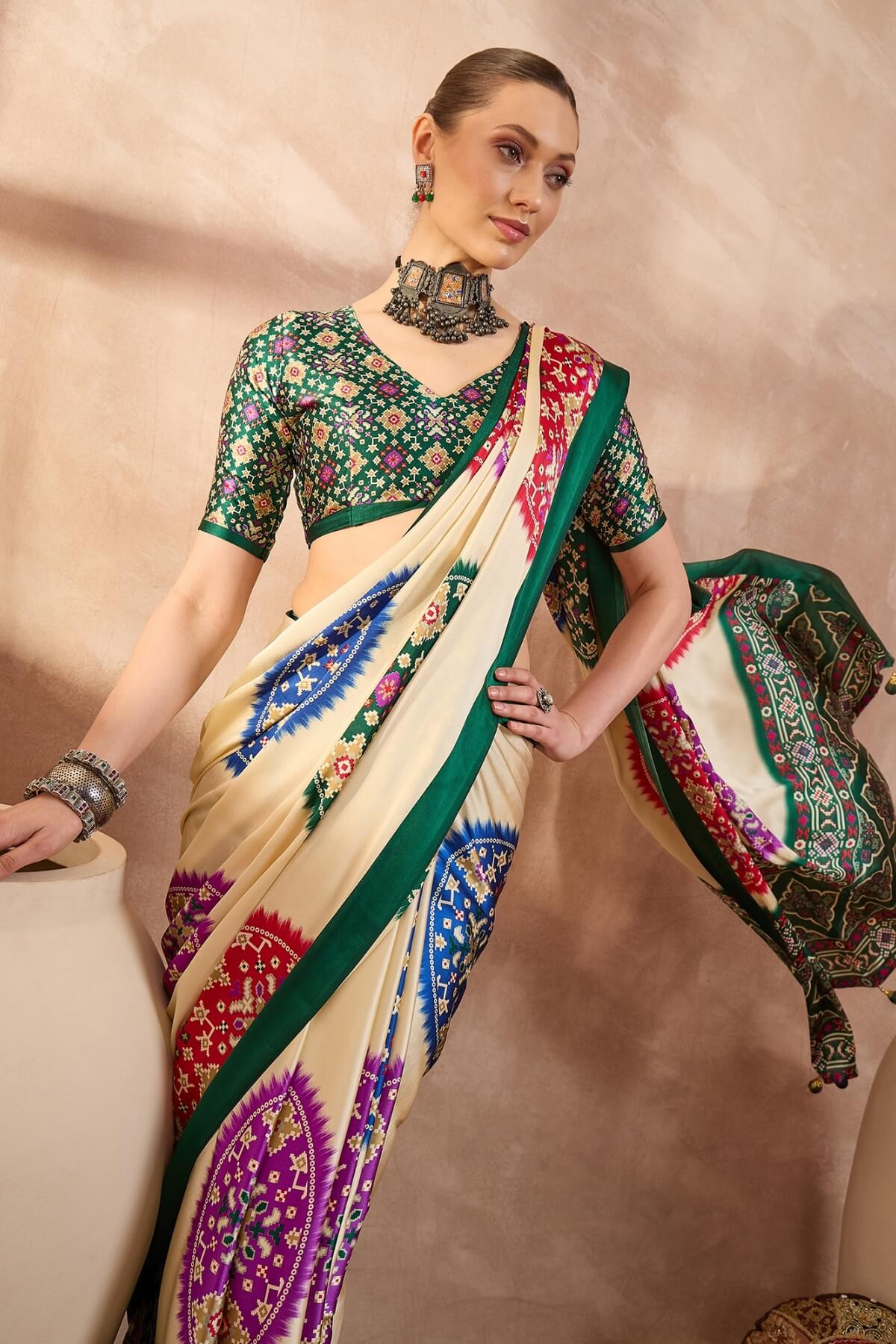 Glorious Beige Ajrakh Printed Semi Modal Silk Saree With Cynosure Blouse Piece