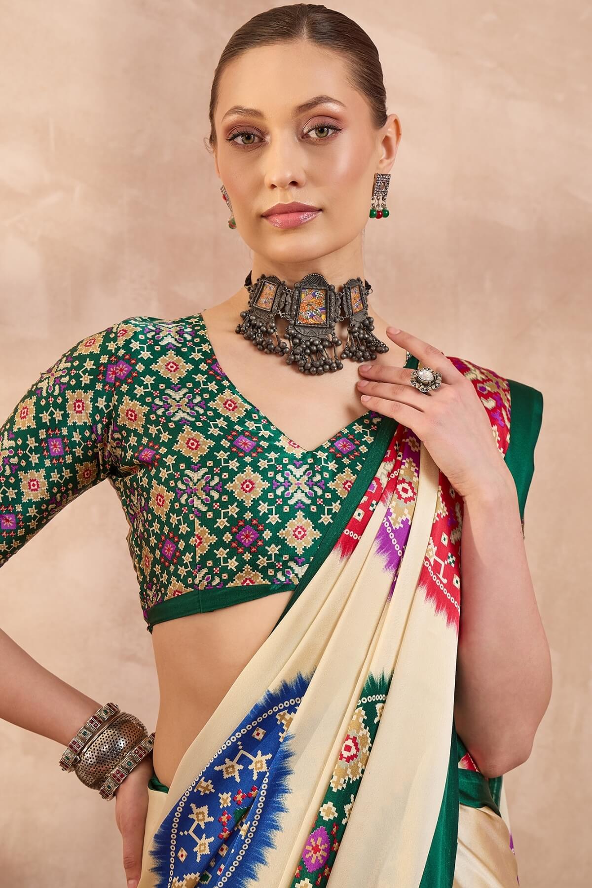 Glorious Beige Ajrakh Printed Semi Modal Silk Saree With Cynosure Blouse Piece