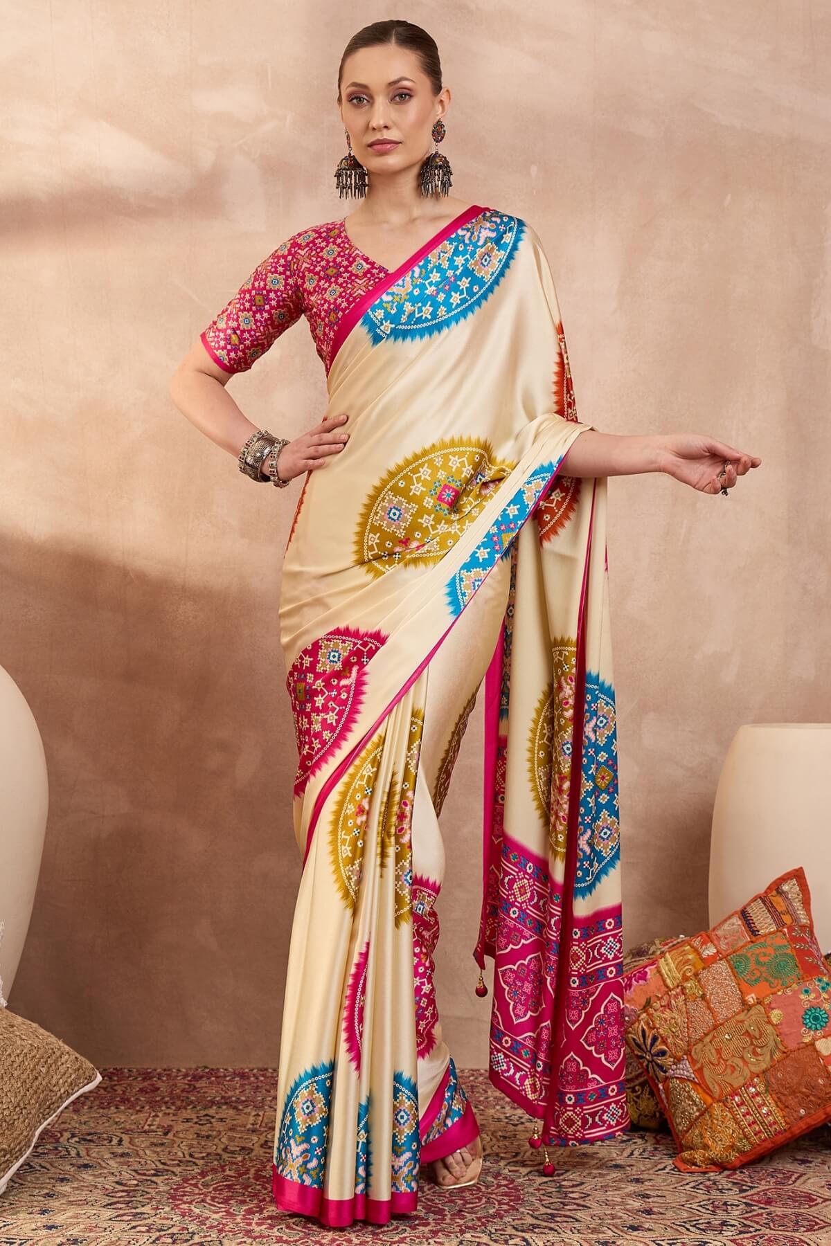 Glowing Beige Ajrakh Printed Semi Modal Silk Saree With Breathtaking Blouse Piece
