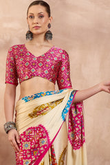 Glowing Beige Ajrakh Printed Semi Modal Silk Saree With Breathtaking Blouse Piece
