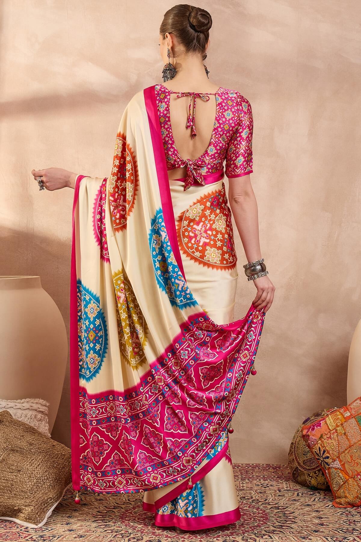 Glowing Beige Ajrakh Printed Semi Modal Silk Saree With Breathtaking Blouse Piece