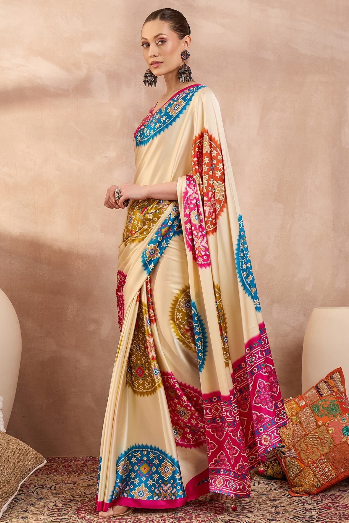 Glowing Beige Ajrakh Printed Semi Modal Silk Saree With Breathtaking Blouse Piece