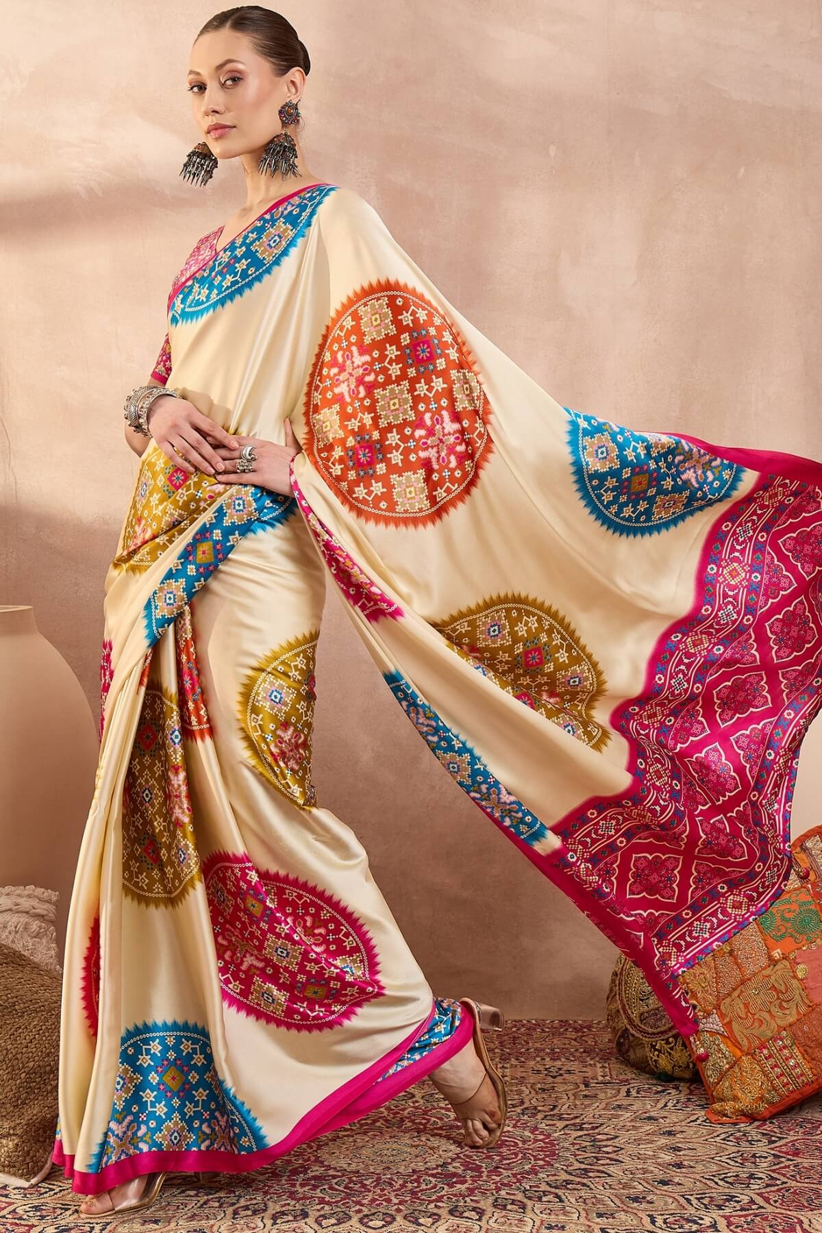 Glowing Beige Ajrakh Printed Semi Modal Silk Saree With Breathtaking Blouse Piece