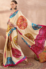 Glowing Beige Ajrakh Printed Semi Modal Silk Saree With Breathtaking Blouse Piece