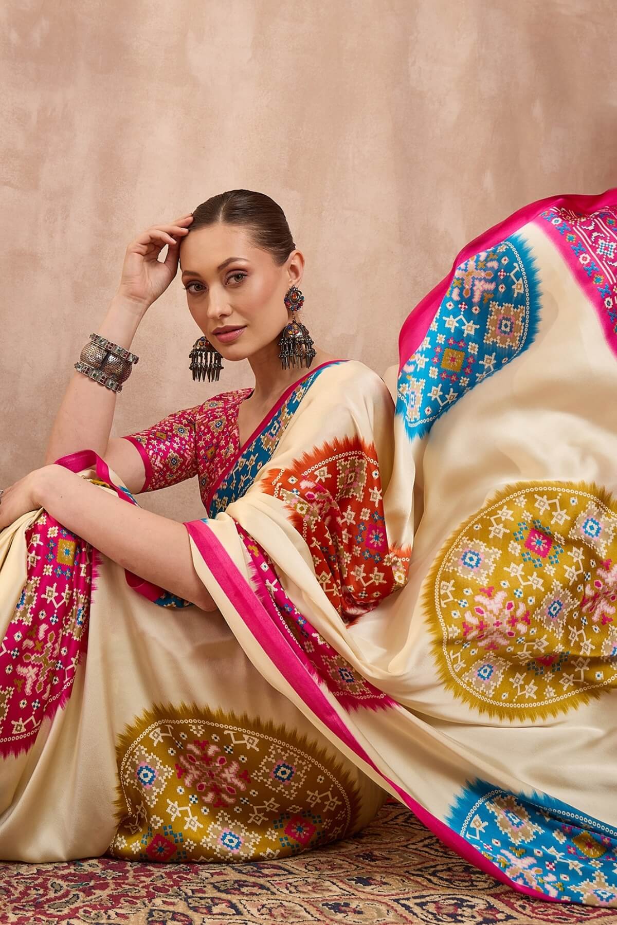 Glowing Beige Ajrakh Printed Semi Modal Silk Saree With Breathtaking Blouse Piece