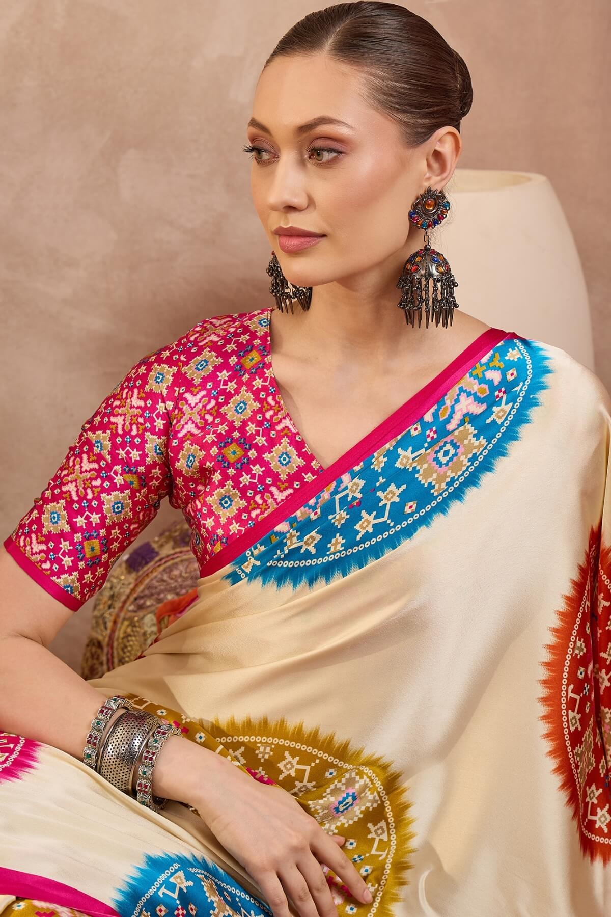 Glowing Beige Ajrakh Printed Semi Modal Silk Saree With Breathtaking Blouse Piece