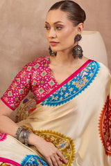 Glowing Beige Ajrakh Printed Semi Modal Silk Saree With Breathtaking Blouse Piece