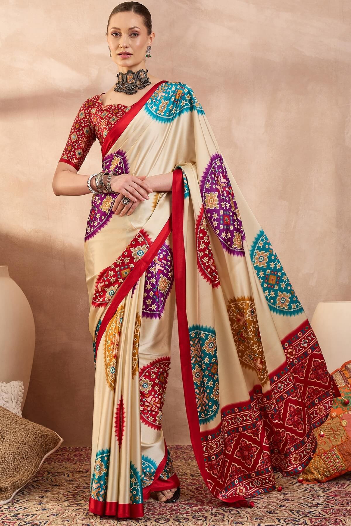 Conflate Beige Ajrakh Printed Semi Modal Silk Saree With Tantalizing Blouse Piece