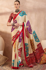Conflate Beige Ajrakh Printed Semi Modal Silk Saree With Tantalizing Blouse Piece
