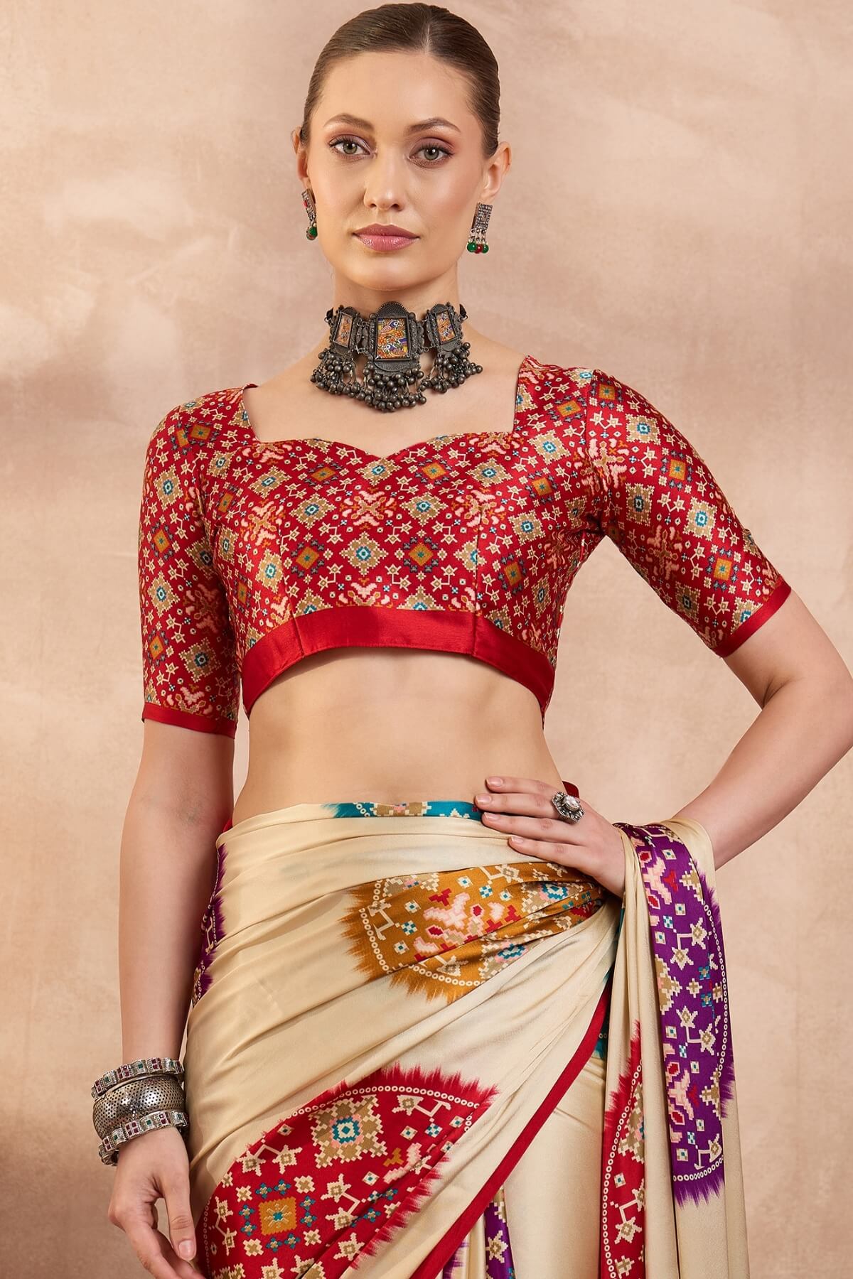 Conflate Beige Ajrakh Printed Semi Modal Silk Saree With Tantalizing Blouse Piece