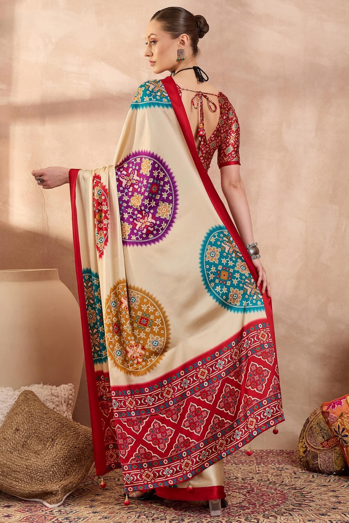 Conflate Beige Ajrakh Printed Semi Modal Silk Saree With Tantalizing Blouse Piece