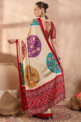 Conflate Beige Ajrakh Printed Semi Modal Silk Saree With Tantalizing Blouse Piece