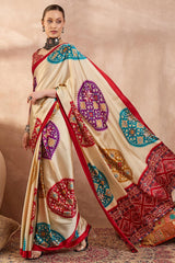 Conflate Beige Ajrakh Printed Semi Modal Silk Saree With Tantalizing Blouse Piece
