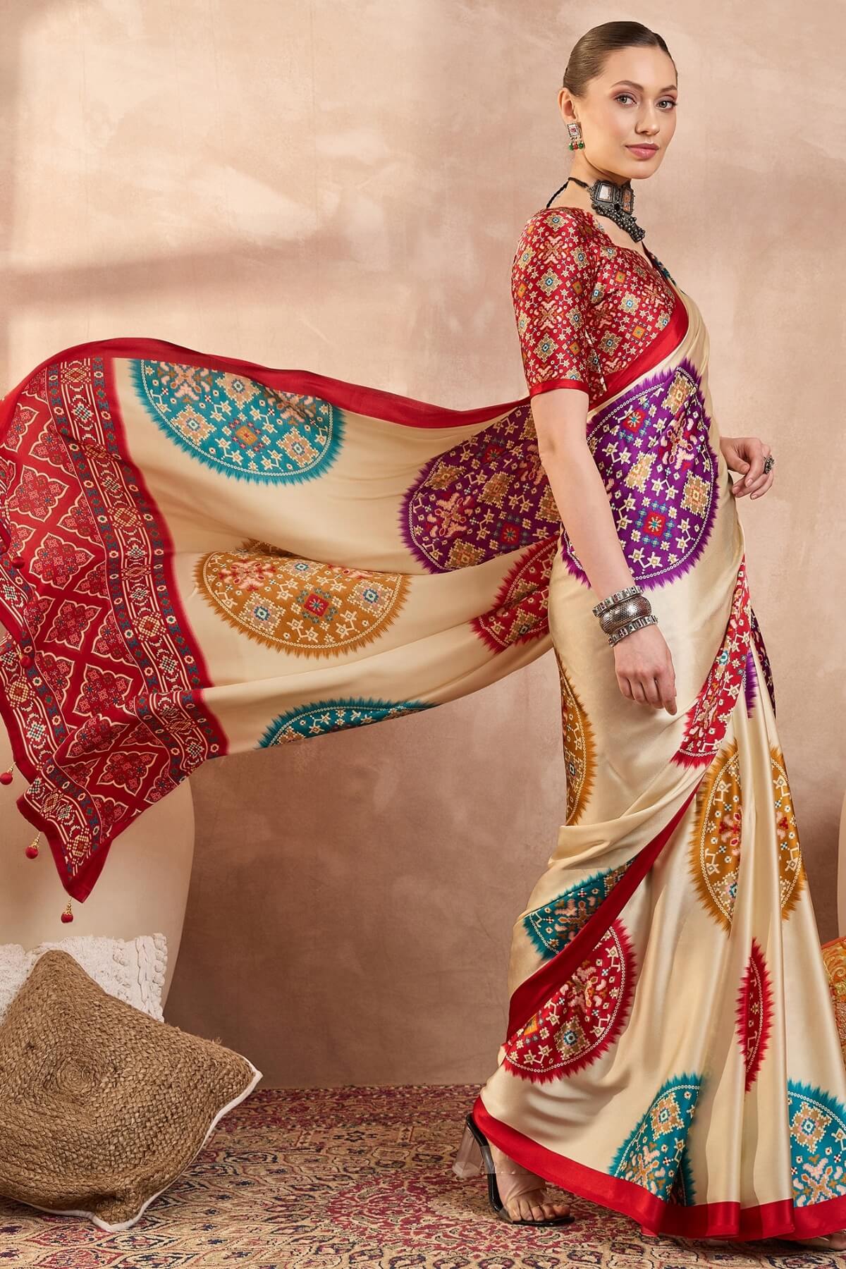 Conflate Beige Ajrakh Printed Semi Modal Silk Saree With Tantalizing Blouse Piece