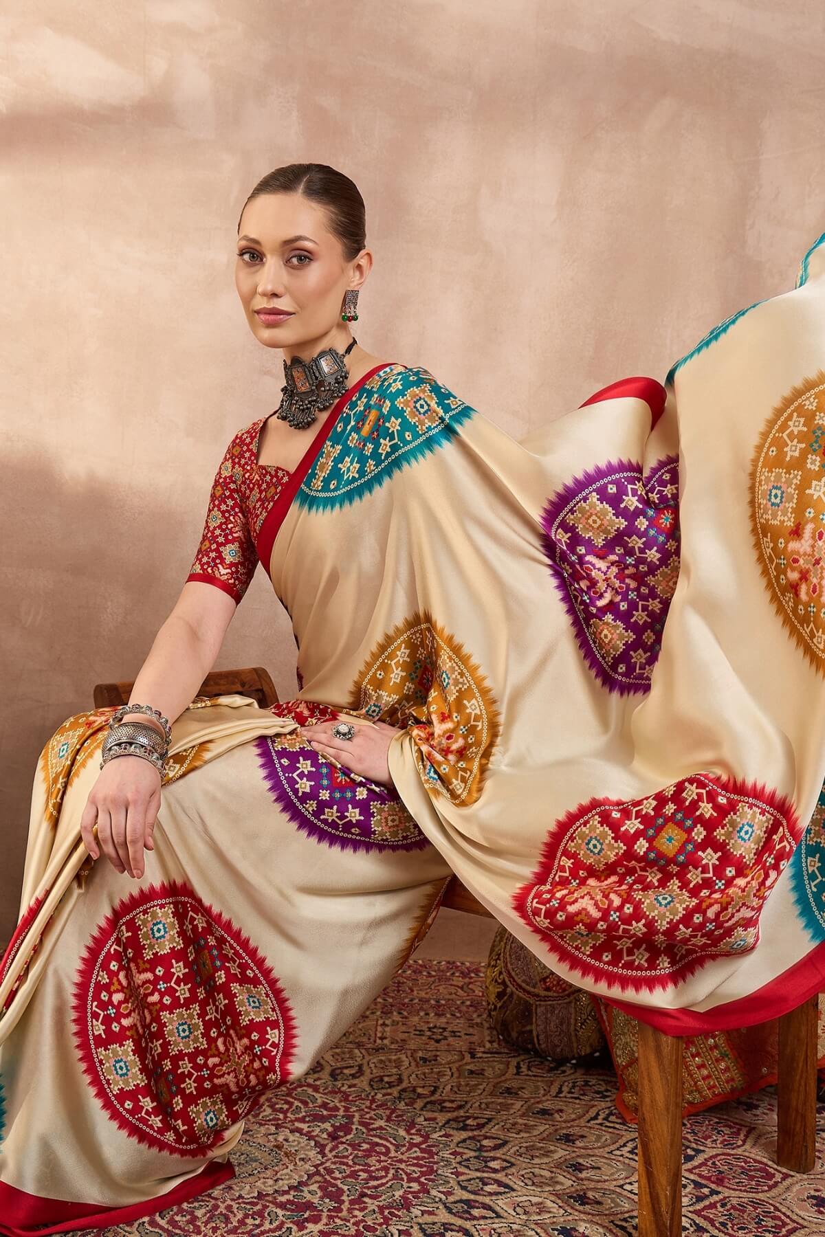 Conflate Beige Ajrakh Printed Semi Modal Silk Saree With Tantalizing Blouse Piece
