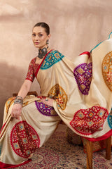 Conflate Beige Ajrakh Printed Semi Modal Silk Saree With Tantalizing Blouse Piece