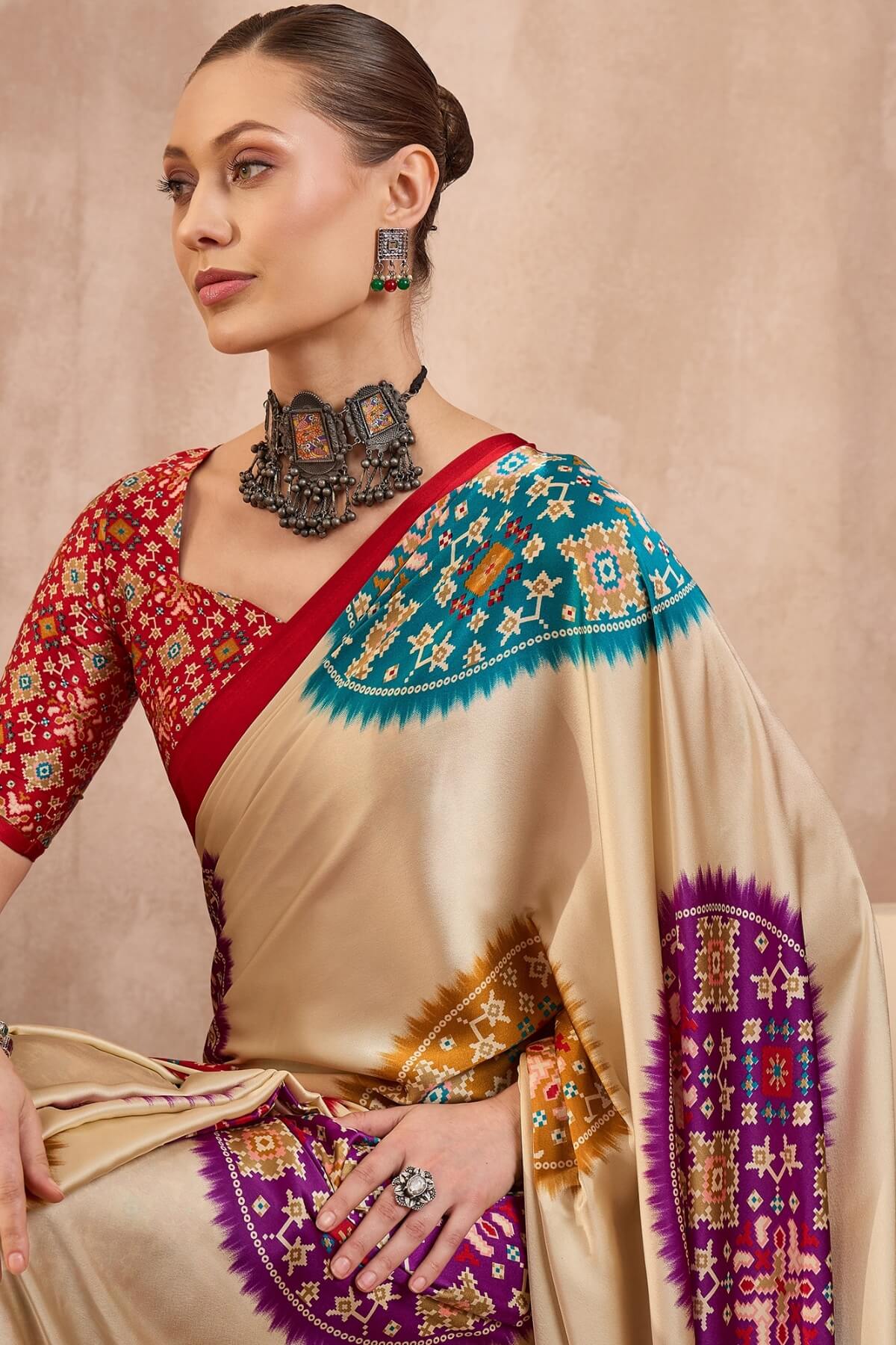 Conflate Beige Ajrakh Printed Semi Modal Silk Saree With Tantalizing Blouse Piece