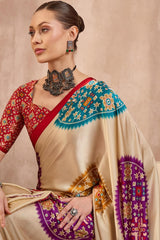 Conflate Beige Ajrakh Printed Semi Modal Silk Saree With Tantalizing Blouse Piece