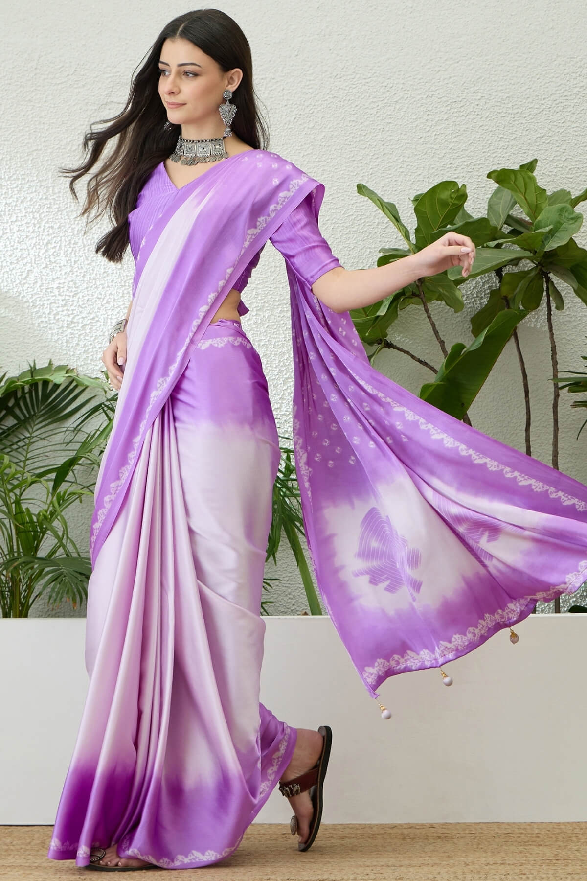 Scrupulous Lavender Digital Printed Satin Silk Saree With Cynosure Blouse Piece