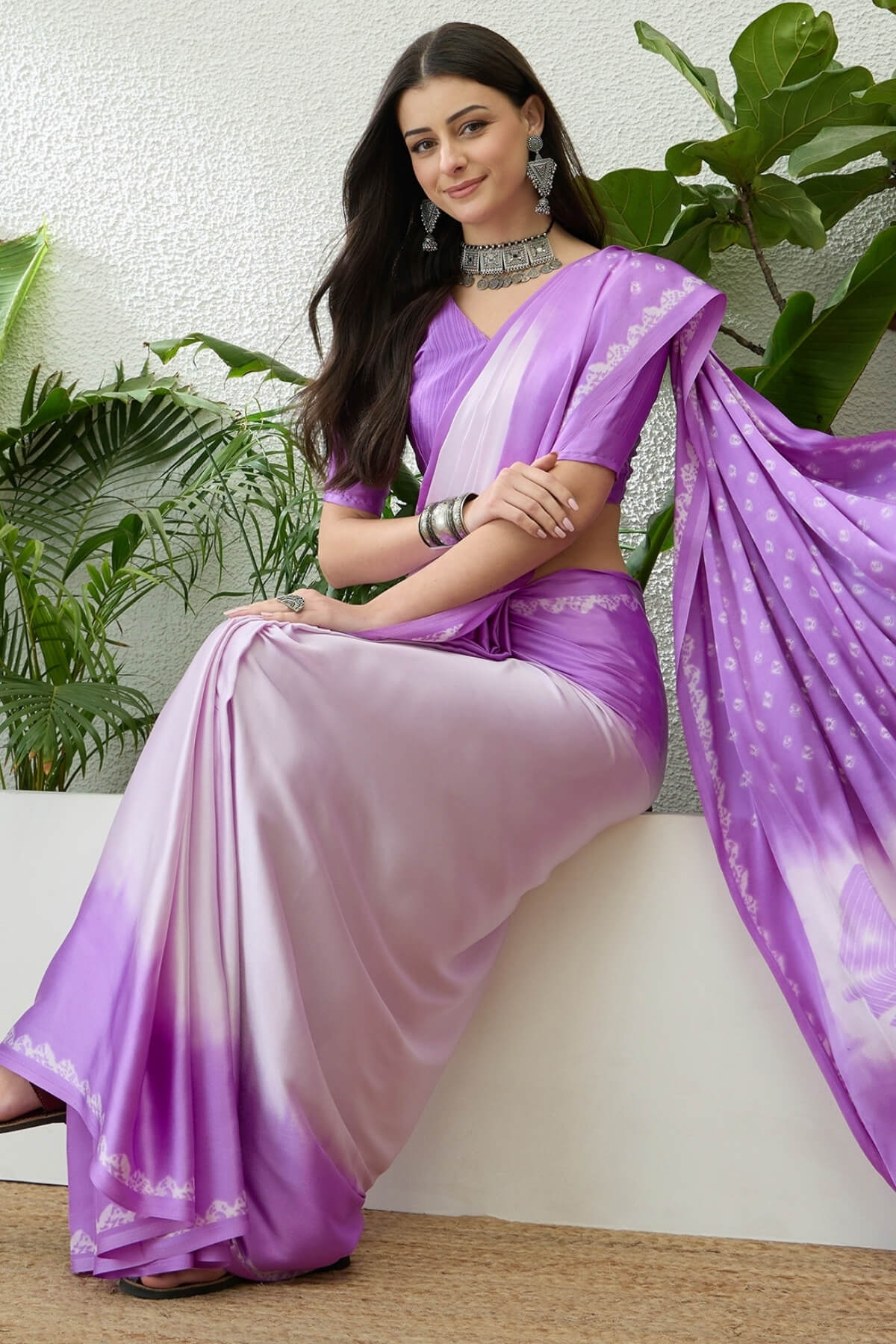 Scrupulous Lavender Digital Printed Satin Silk Saree With Cynosure Blouse Piece