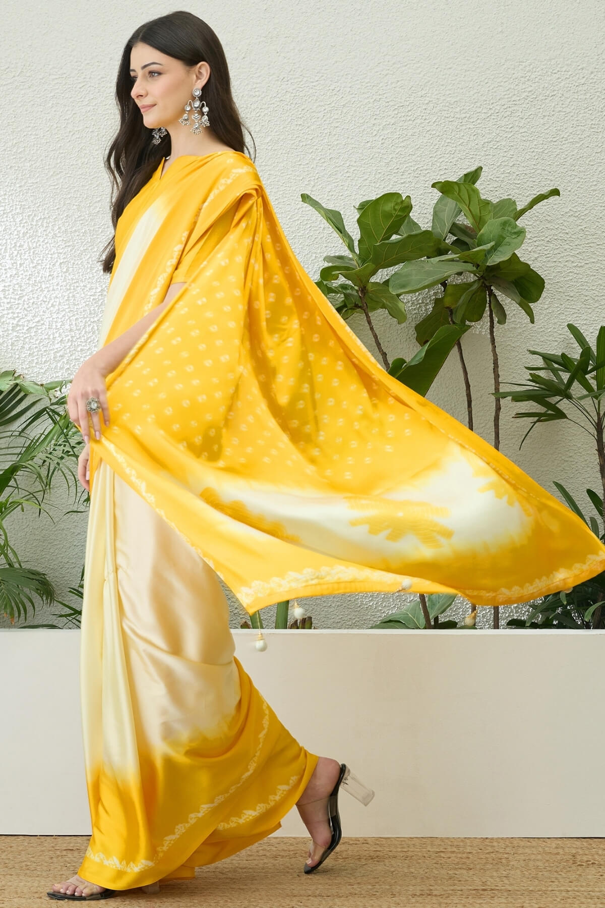 Verdant Yellow Digital Printed Satin Silk Saree With Mellifluous Blouse Piece