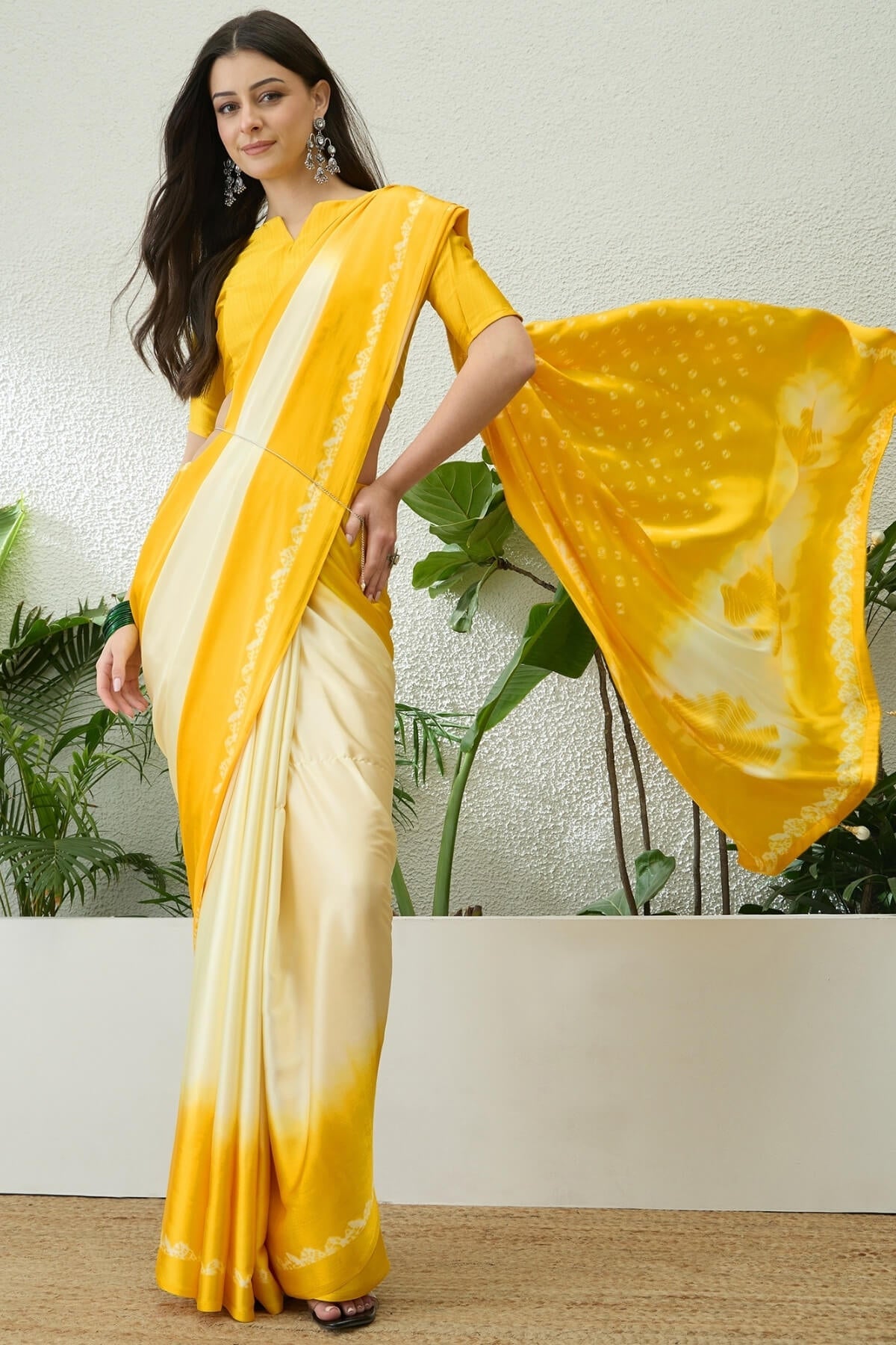 Verdant Yellow Digital Printed Satin Silk Saree With Mellifluous Blouse Piece