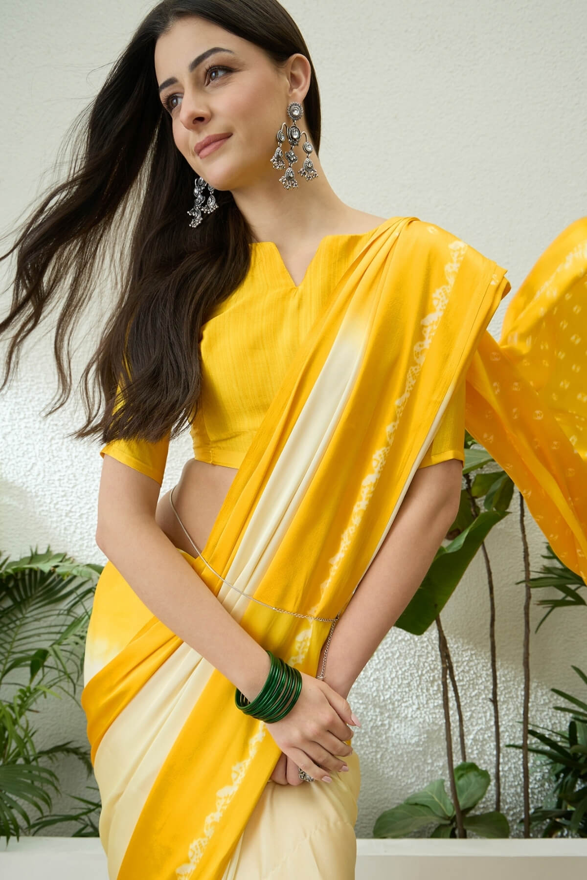 Verdant Yellow Digital Printed Satin Silk Saree With Mellifluous Blouse Piece