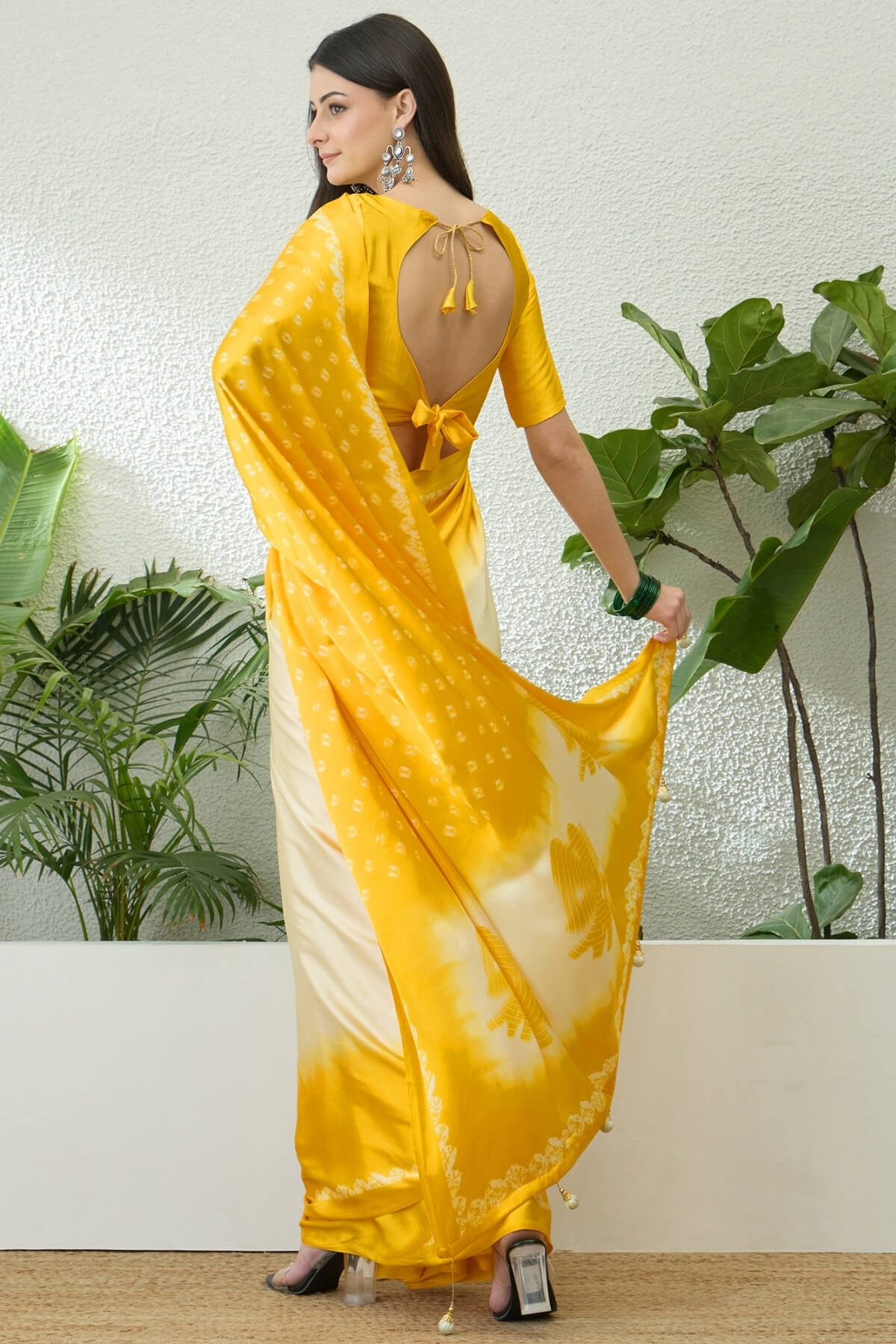 Verdant Yellow Digital Printed Satin Silk Saree With Mellifluous Blouse Piece