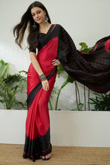 Beautiful Red Digital Printed Satin Silk Saree With Grandiose Blouse Piece