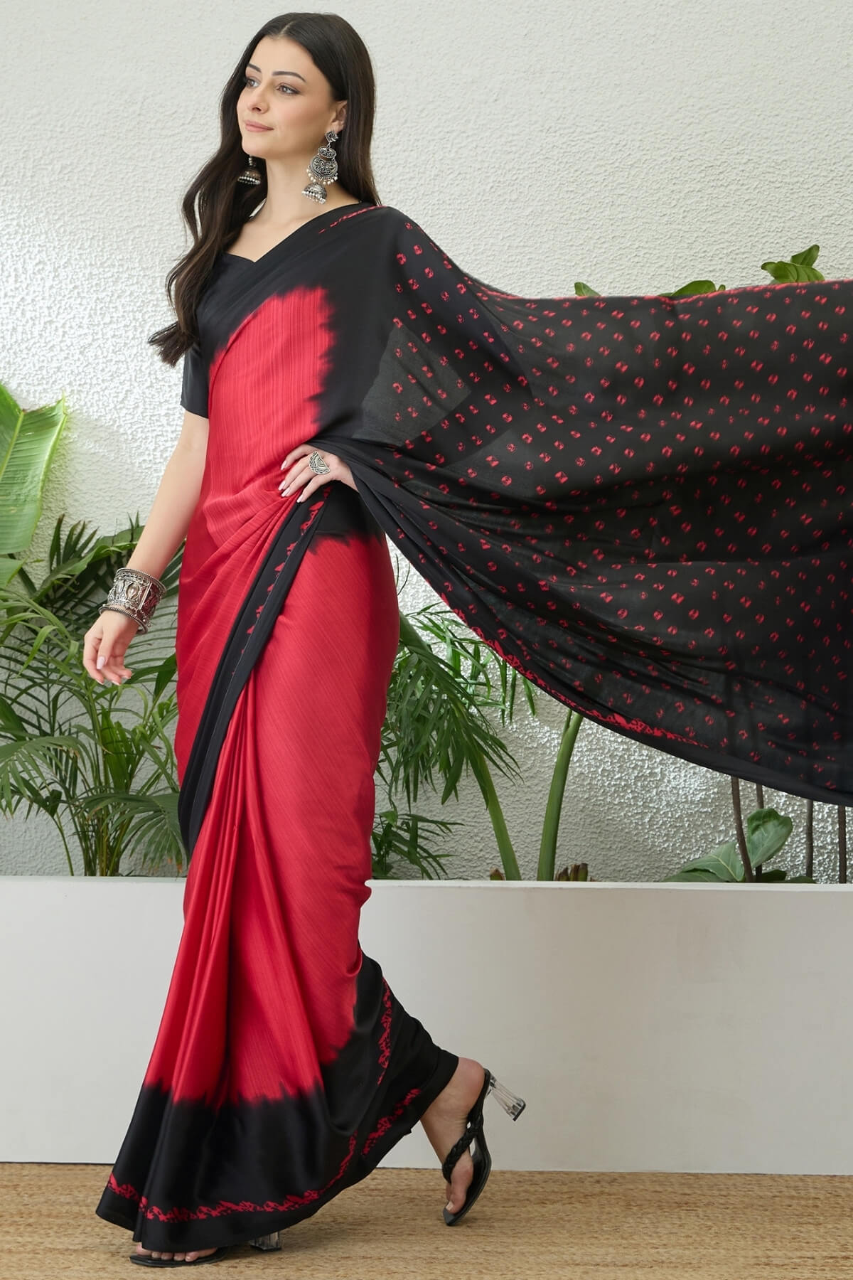 Beautiful Red Digital Printed Satin Silk Saree With Grandiose Blouse Piece