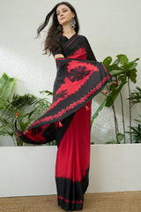 Beautiful Red Digital Printed Satin Silk Saree With Grandiose Blouse Piece