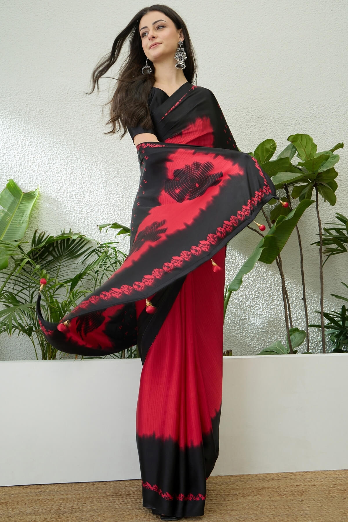 Beautiful Red Digital Printed Satin Silk Saree With Grandiose Blouse Piece