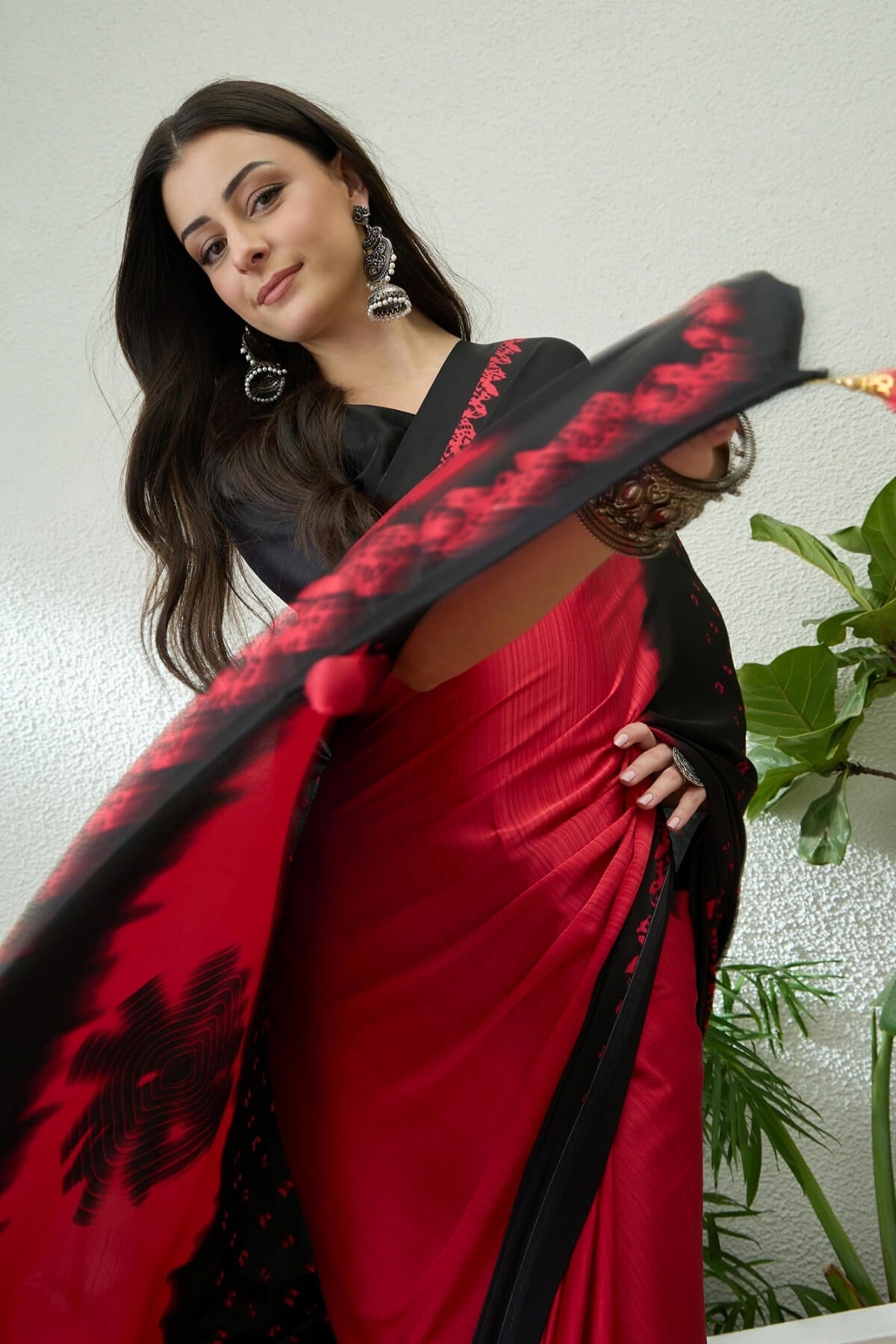 Beautiful Red Digital Printed Satin Silk Saree With Grandiose Blouse Piece