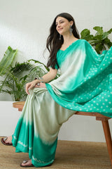 Tremendous Sea Green Digital Printed Satin Silk Saree With Radiant Blouse Piece