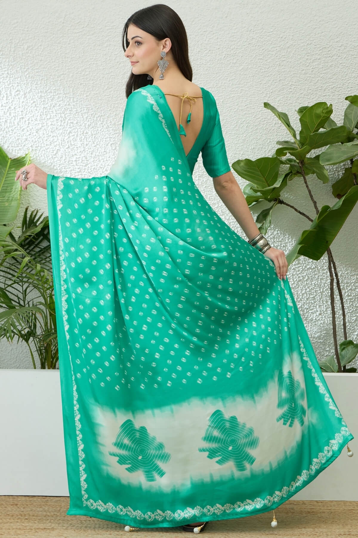 Tremendous Sea Green Digital Printed Satin Silk Saree With Radiant Blouse Piece