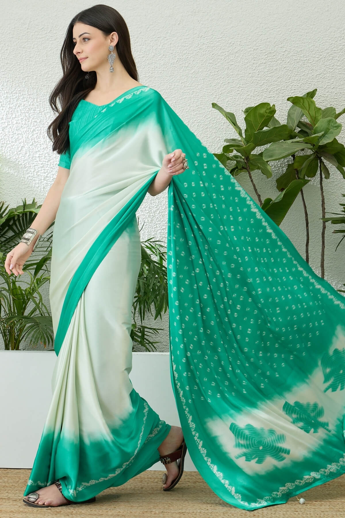 Tremendous Sea Green Digital Printed Satin Silk Saree With Radiant Blouse Piece