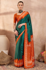 Rhapsody Rama Ajrakh Printed Semi Modal Silk Saree With Staggering Blouse Piece