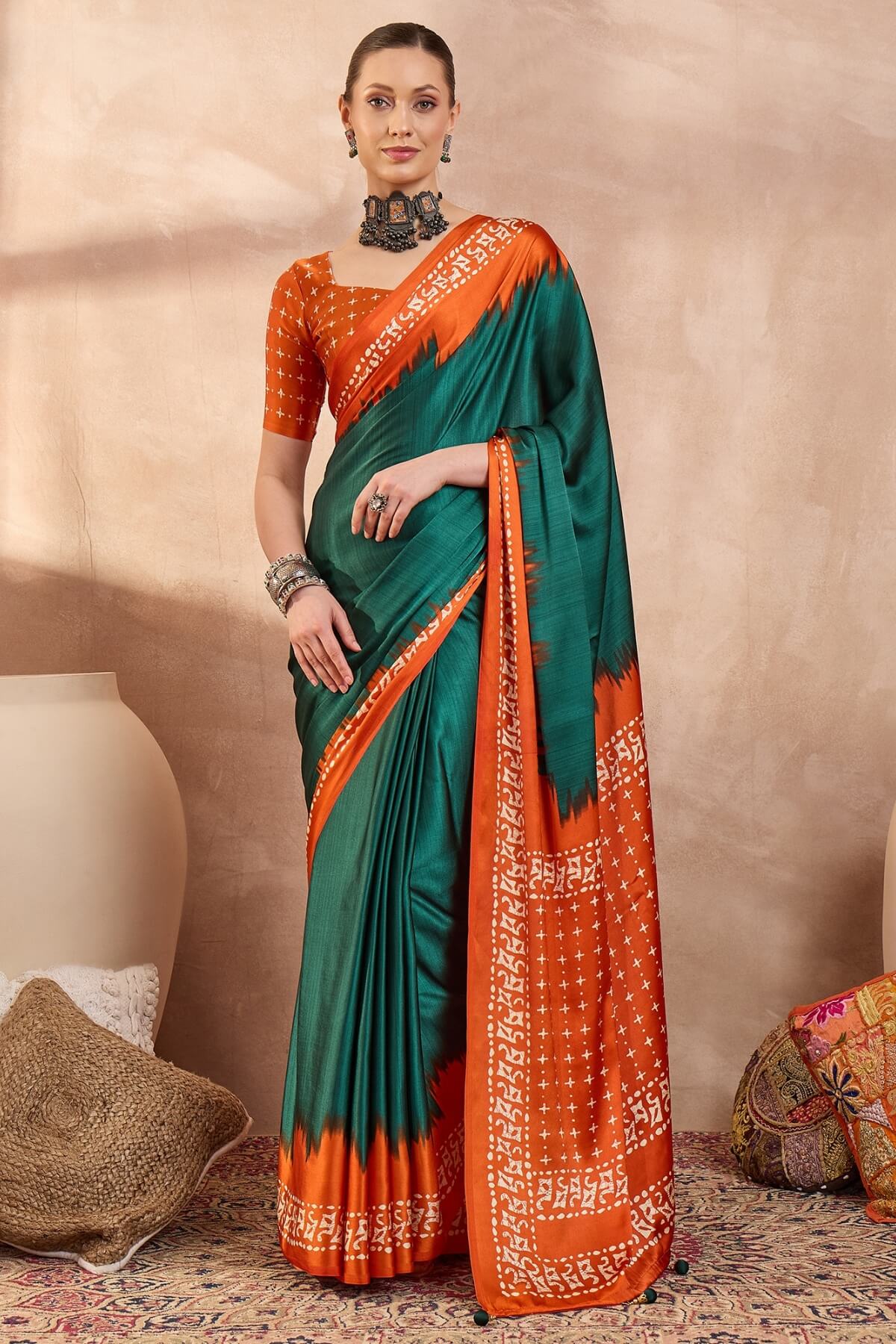 Rhapsody Rama Ajrakh Printed Semi Modal Silk Saree With Staggering Blouse Piece