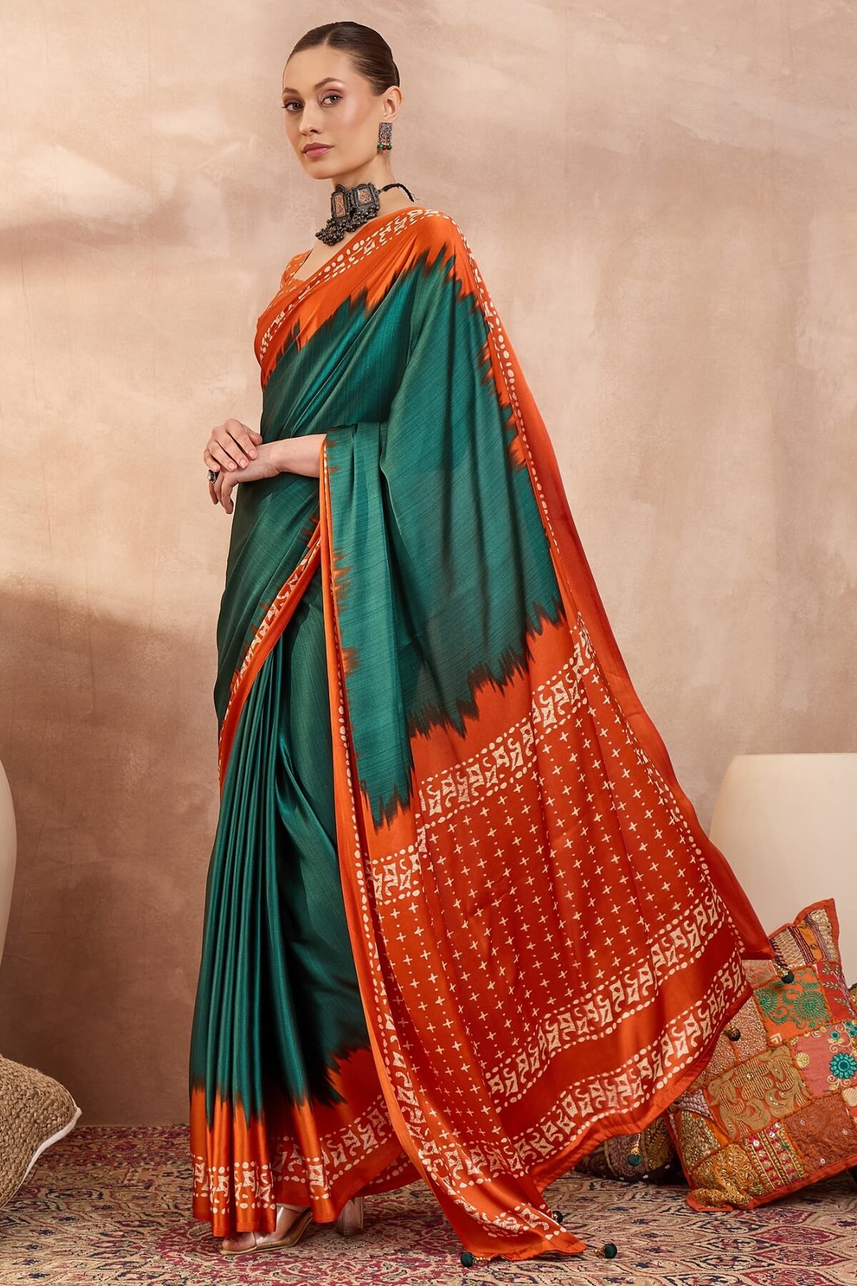 Rhapsody Rama Ajrakh Printed Semi Modal Silk Saree With Staggering Blouse Piece