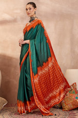 Rhapsody Rama Ajrakh Printed Semi Modal Silk Saree With Staggering Blouse Piece