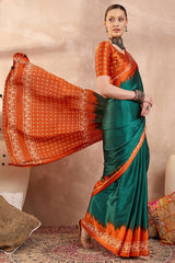 Rhapsody Rama Ajrakh Printed Semi Modal Silk Saree With Staggering Blouse Piece