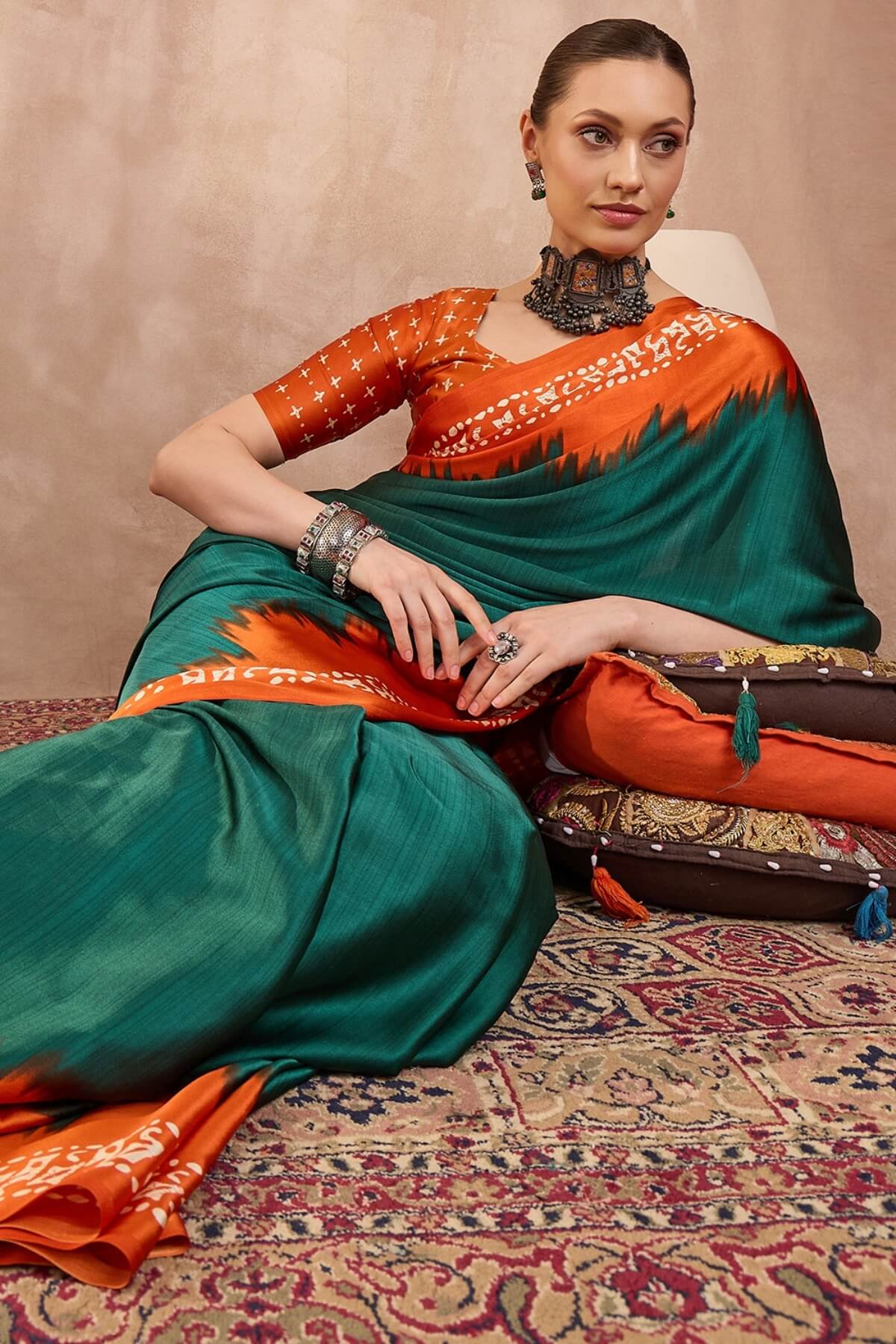 Rhapsody Rama Ajrakh Printed Semi Modal Silk Saree With Staggering Blouse Piece