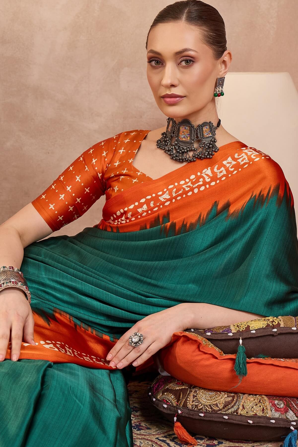 Rhapsody Rama Ajrakh Printed Semi Modal Silk Saree With Staggering Blouse Piece