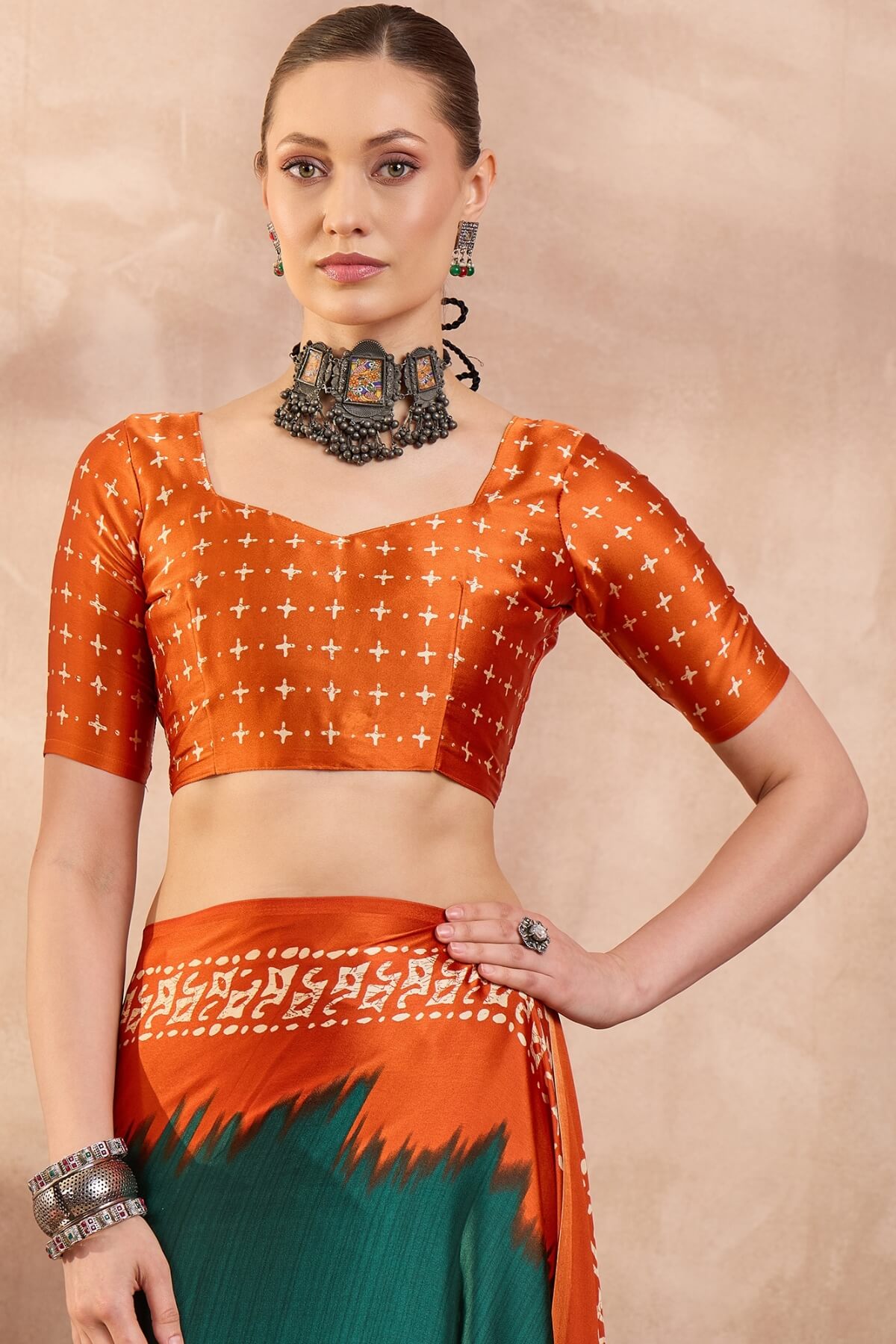 Rhapsody Rama Ajrakh Printed Semi Modal Silk Saree With Staggering Blouse Piece