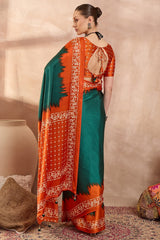 Rhapsody Rama Ajrakh Printed Semi Modal Silk Saree With Staggering Blouse Piece