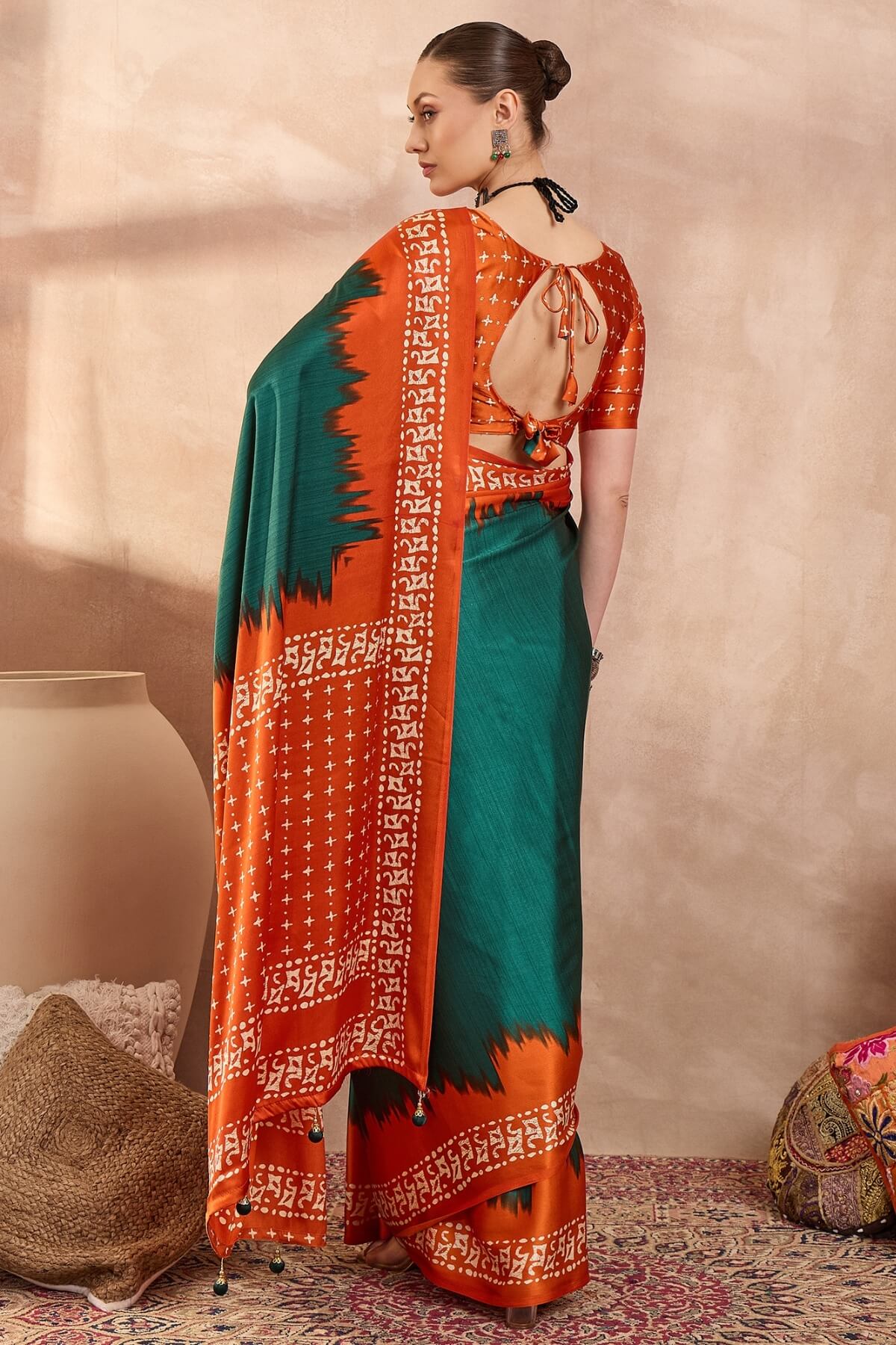 Rhapsody Rama Ajrakh Printed Semi Modal Silk Saree With Staggering Blouse Piece